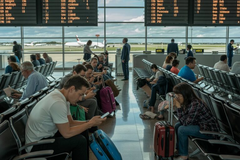 Passengers waiting in a bright airport terminal with rolling suitcases, many looking at phones while planes sit on the tarmac outside the windows, and digital boards overhead.
