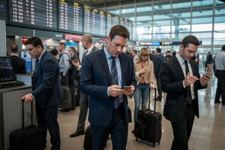 Business travelers in a busy airport terminal, looking at their phones with rolling suitcases nearby and a flight board in the background.