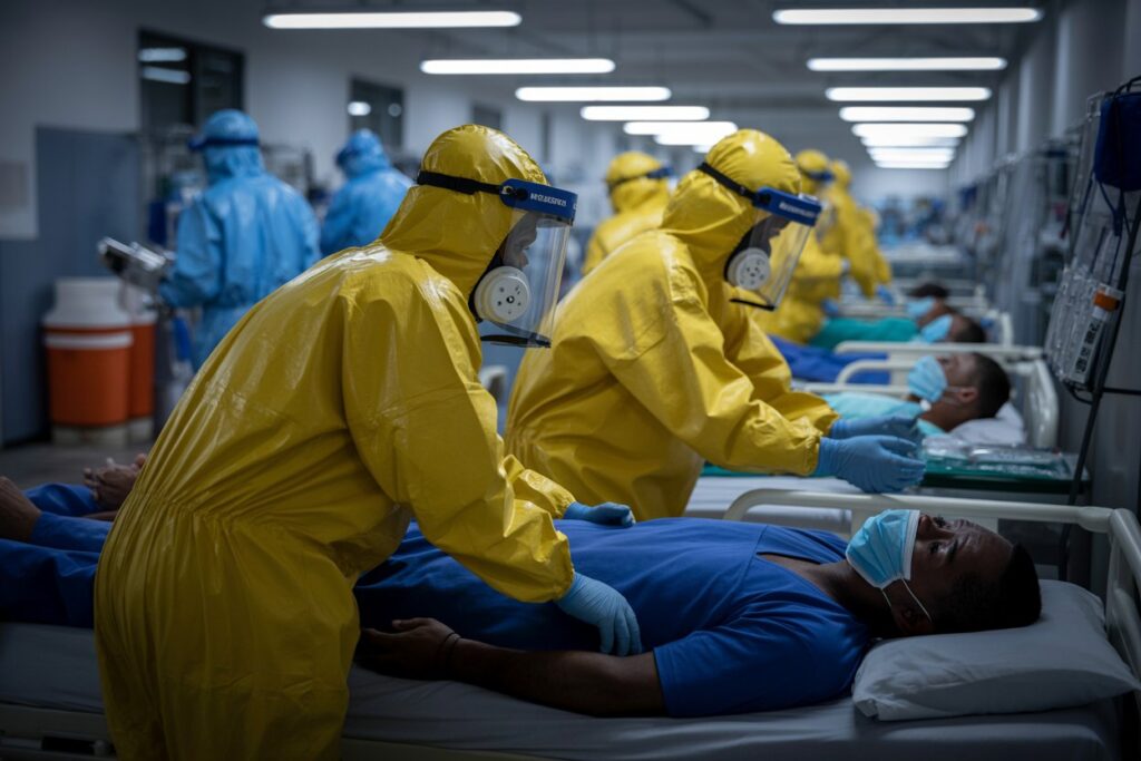 Healthcare workers in yellow hazmat suits with face shields attend to a patient in a hospital bed; others in PPE work in the background.