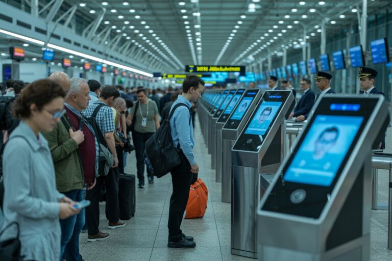 Passengers queue at a row of self-service check-in kiosks in a busy airport terminal, with staff in uniform on the right side.