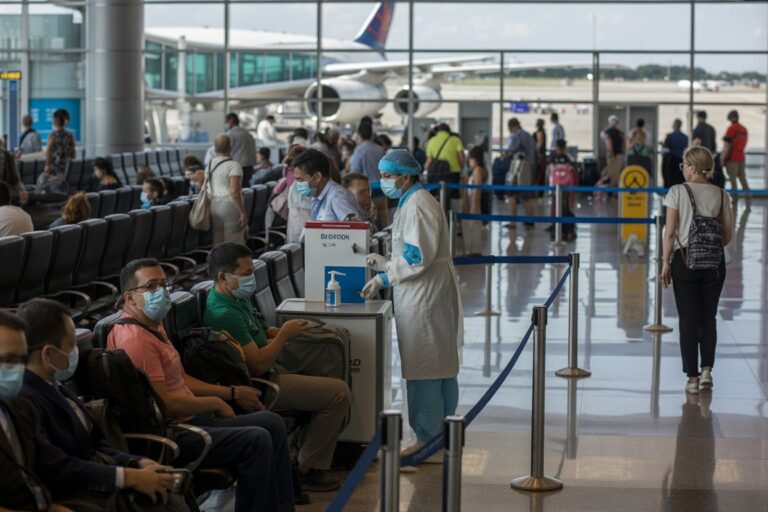 Healthcare worker in PPE administers hand sanitizer to passengers in a masked airport terminal.