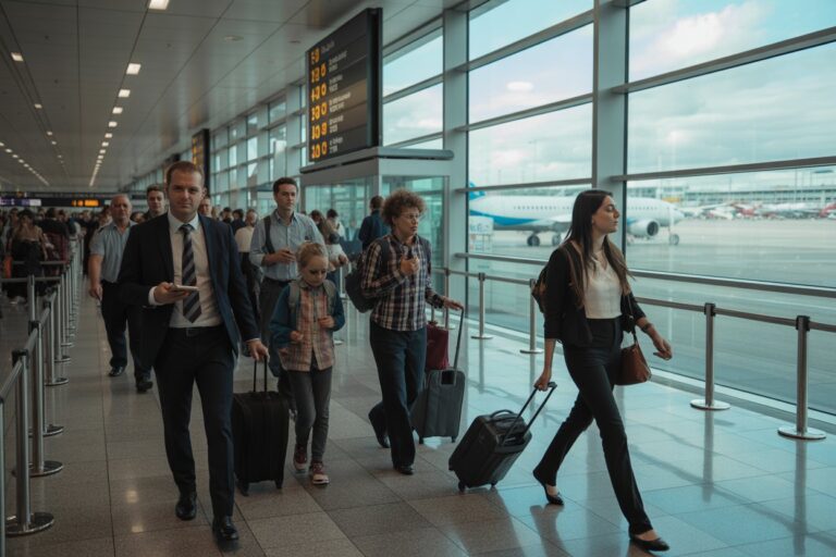 Group of travelers walking through a busy airport terminal with rolling suitcases beside a large window showing planes outside.