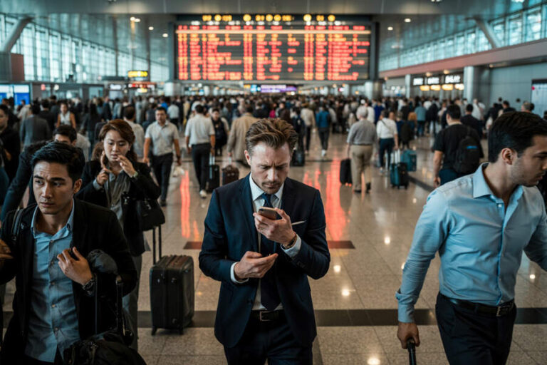 Business traveler in a navy suit checks his phone as crowds move through a busy airport terminal.