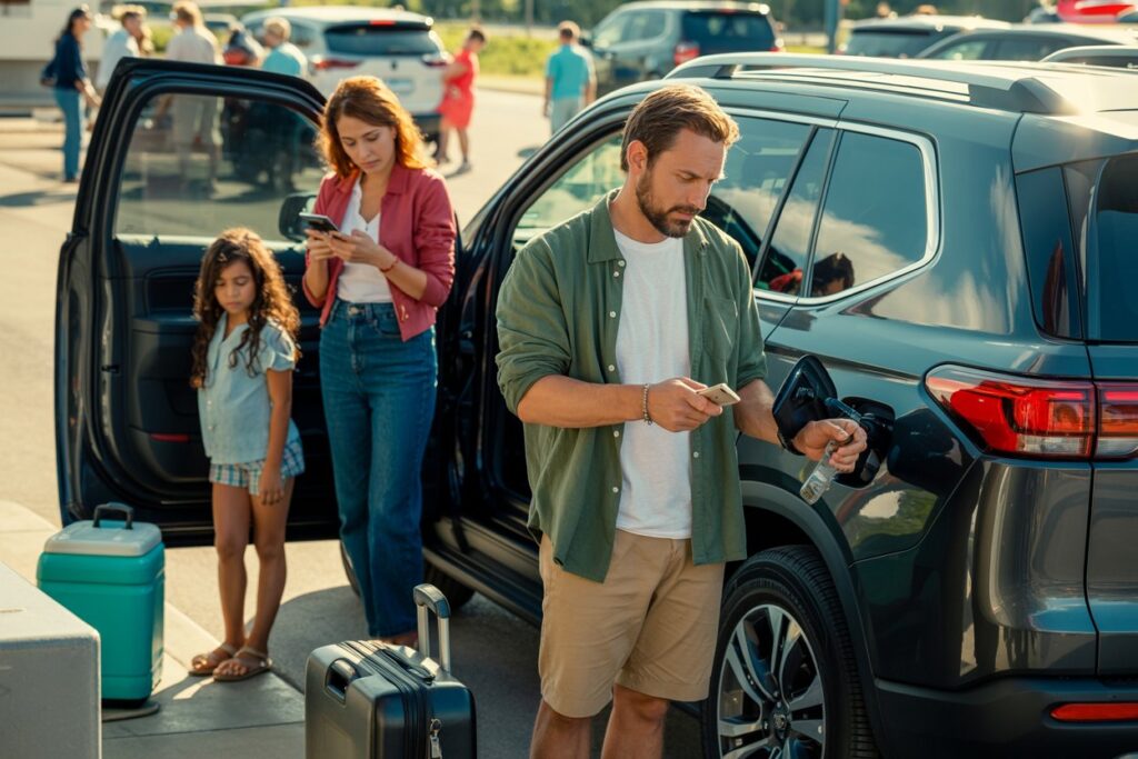 A family standing by a parked SUV in a parking lot: man in a green shirt checks his phone near the car while a woman and a young girl stand by the open back door, with a cooler on the ground nearby.