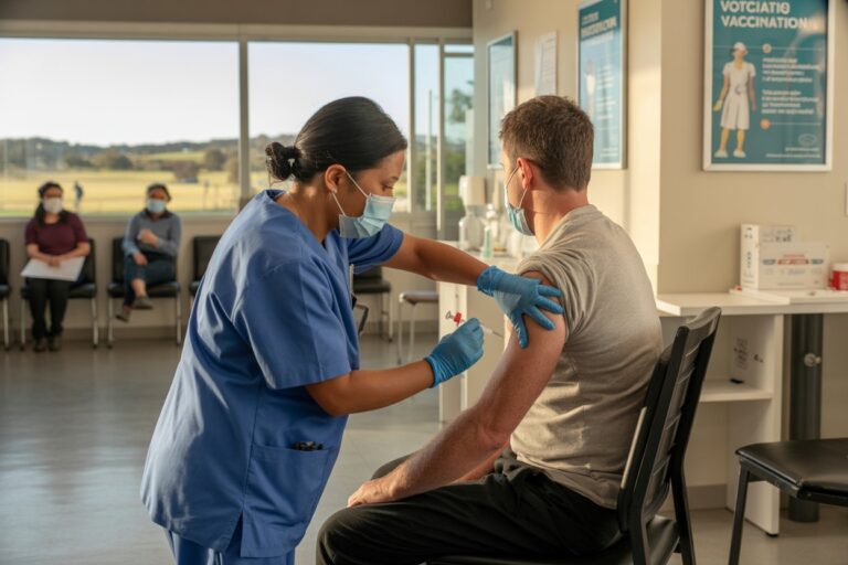 Nurse in blue scrubs gives a vaccine to a seated man wearing a gray shirt; both wear masks in a clinic with a waiting area in the background.