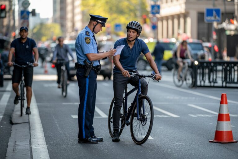 Cyclist in a blue shirt speaks with a police officer, who reviews a paper on a city street with an orange traffic cone nearby