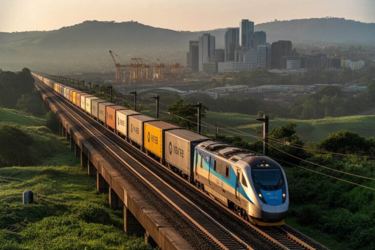 Passenger train hauling colorful freight containers on an elevated track with a city skyline and hills in the distance at sunset.