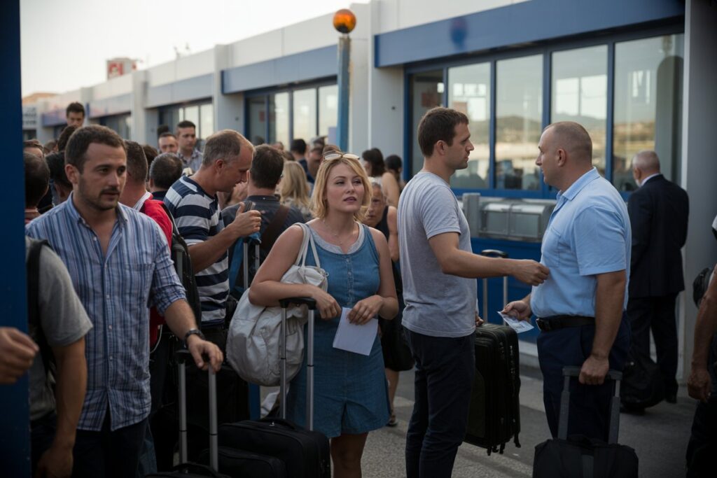 Crowd of travelers with rolling suitcases outside a building, as a staff member checks or hands something to a passenger far right