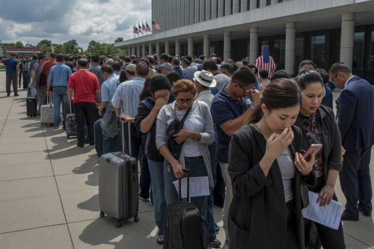 Long line of people with rolling suitcases waiting outside a modern government building with American flags overheads.