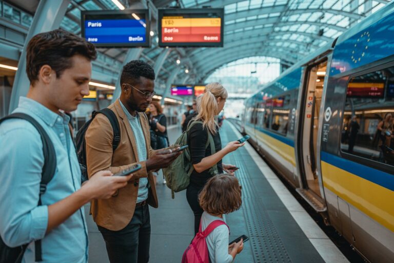 Passengers waiting on a glass-roofed train platform, all looking at their smartphones as a blue-yellow train doors open nearby.