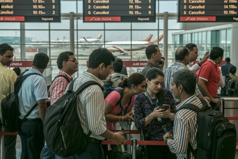Crowded airport check-in area with passengers queueing near red barriers and flight information boards overhead.