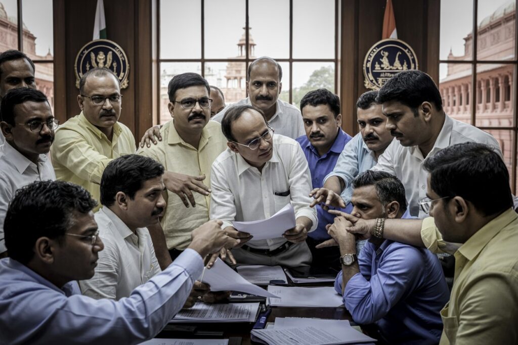 Group of Indian officials around a table, examining papers during a tense meeting with government insignia in the background.