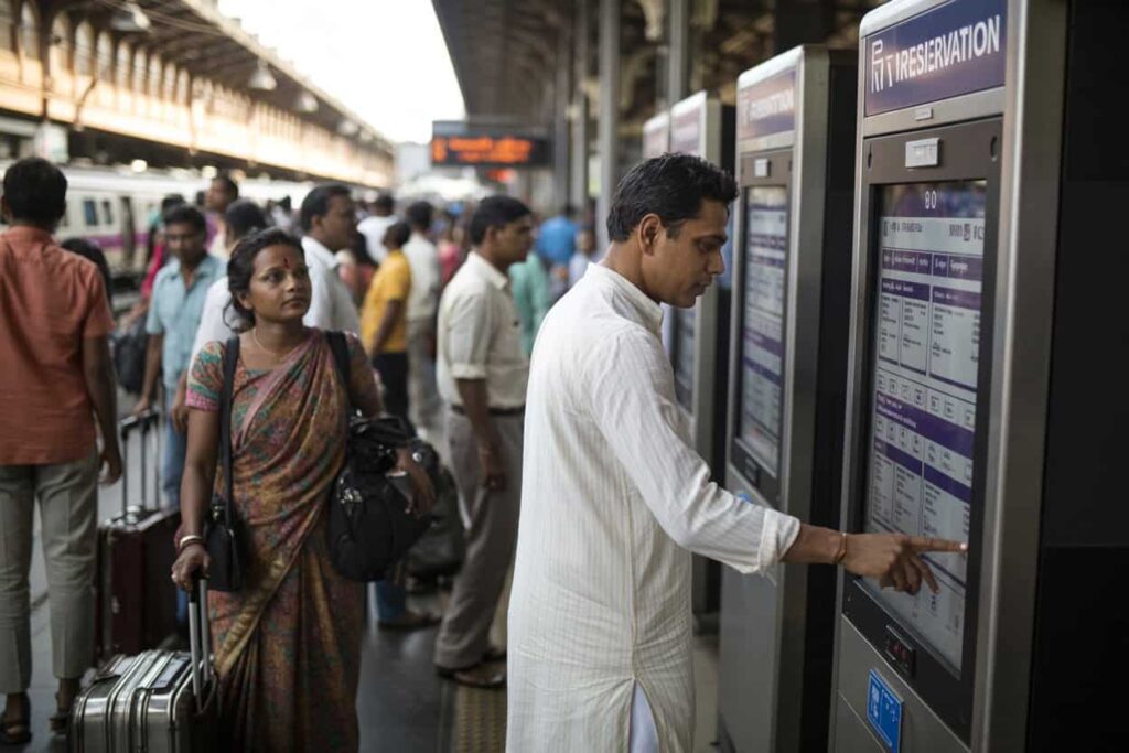 Man in white kurta uses railway reservation machine at a busy station while a woman with a suitcase watches nearby.