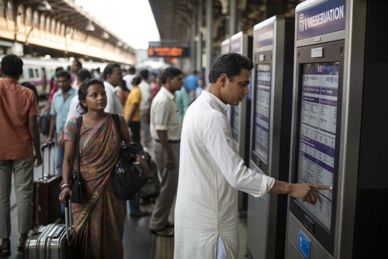 Man in white kurta uses railway reservation machine at a busy station while a woman with a suitcase watches nearby.