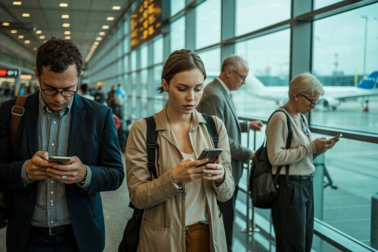People at an airport gate use smartphones while waiting, with a flight board visible in the background.