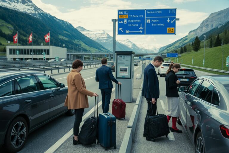 People with rolling suitcases standing along a highway barrier beside parked cars, under blue road signs in a mountainous Swiss landscape with flags in the background.