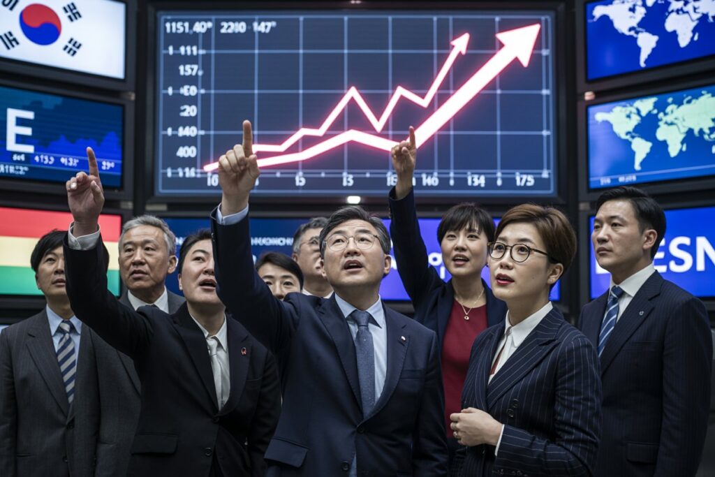 Group of suited professionals in a stock exchange pointing at a rising line graph on a large screen.