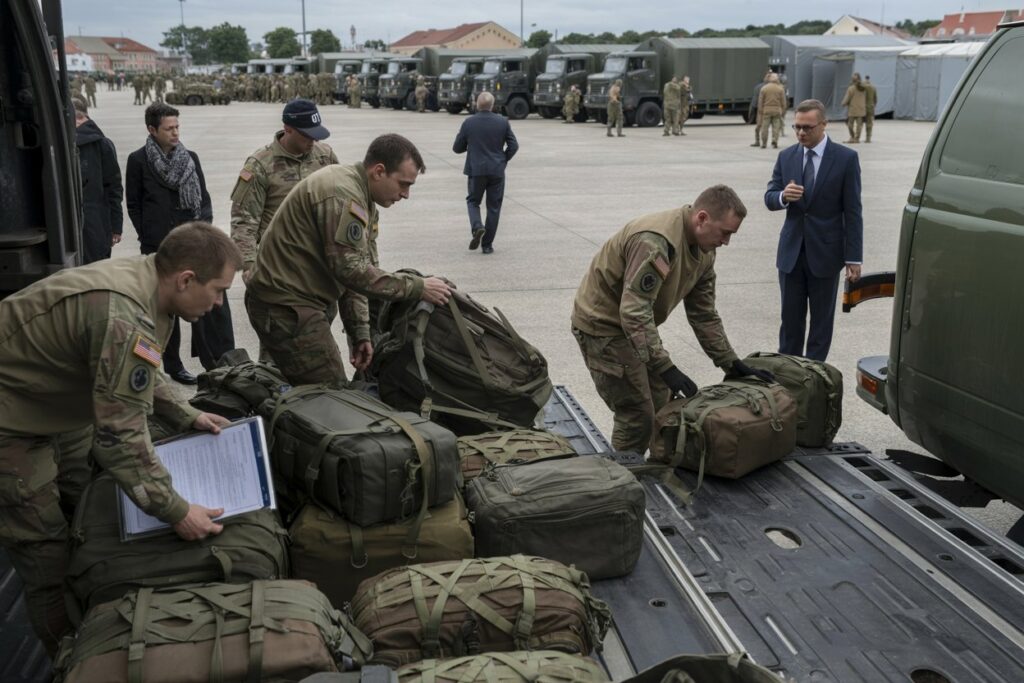 Soldiers in tan camouflage uniforms load large green duffel bags onto the open cargo ramp of a military transport aircraft on an airfield, with trucks and other personnel in the background.