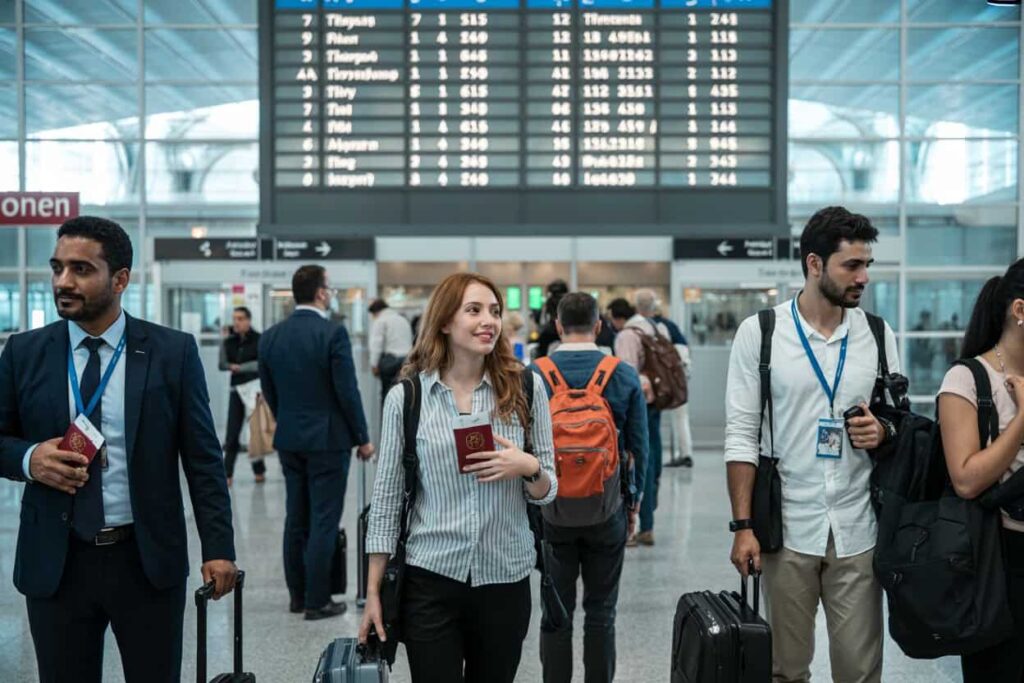 Traveler-packed airport concourse with a large flight information board overhead in a bright terminal.