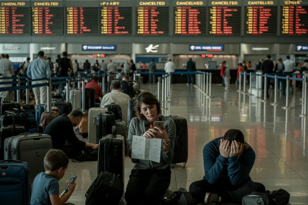 Airport departure hall: travelers with suitcases waiting near check-in counters and flight boards overhead.