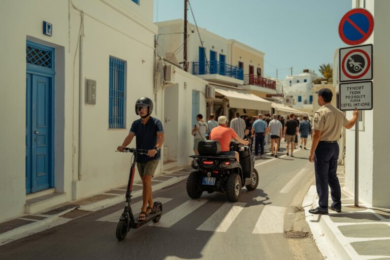 Young man wearing a helmet rides a black electric scooter down a sunlit narrow street with white buildings and blue doors in a Mediterranean town, pedestrians ahead.
