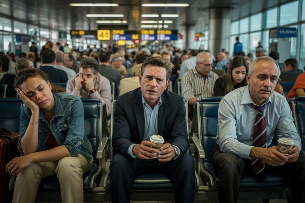 Three travelers sit in an airport gate area: a woman on the left rests her head on her hand, the man in the center looks worried while holding a coffee, and a man on the right wears a shirt and tie also holding coffee.