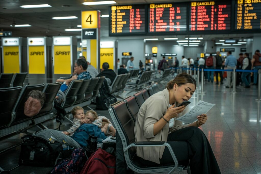 Woman at an airport seat checks a document while talking on her phone; sleeping children and bags nearby on the floor by the row of chairs.