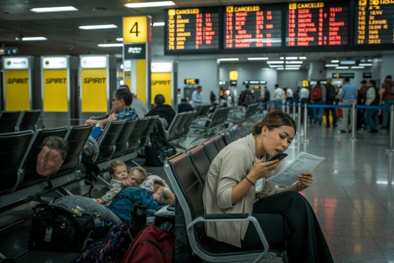 Woman at an airport seat checks a document while talking on her phone; sleeping children and bags nearby on the floor by the row of chairs.