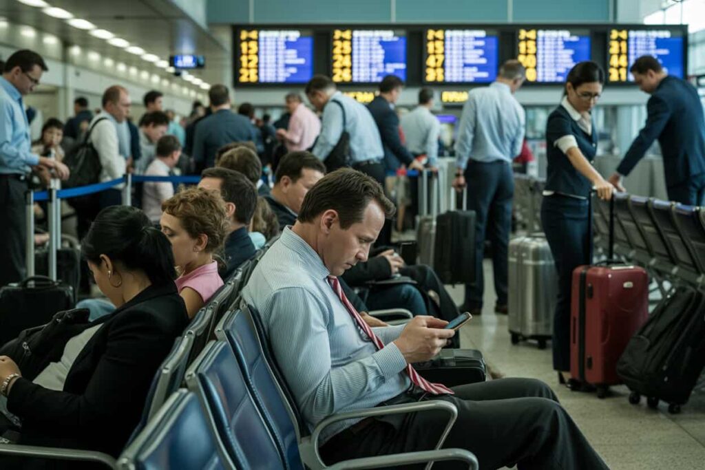 Busy airport terminal with travelers waiting; man in a blue shirt and red tie sits and checks his phone.