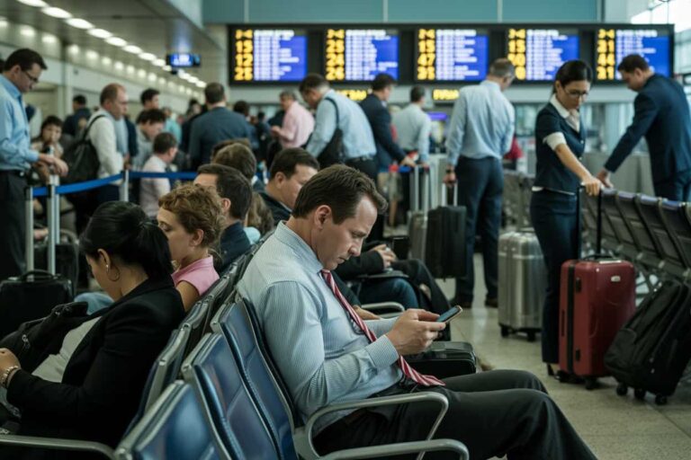 Busy airport terminal with travelers waiting; man in a blue shirt and red tie sits and checks his phone.