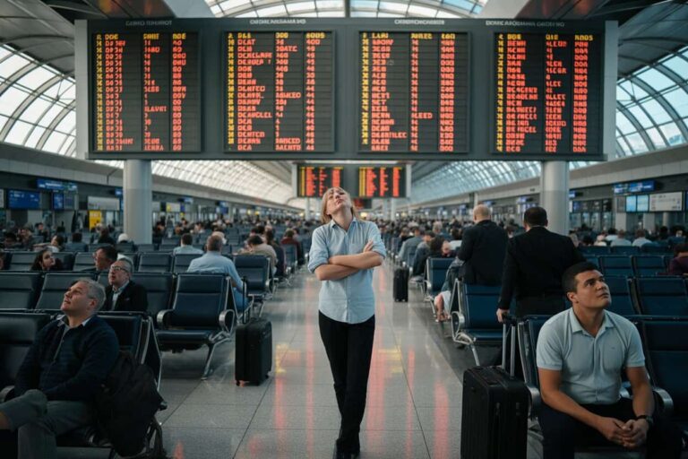 Center-stage: a woman stands with arms crossed, looking up at a large electronic departure board in a busy airport terminal; travelers sit with suitcases nearby.
