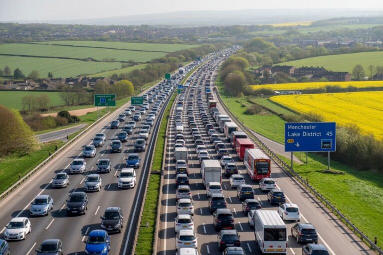 Heavy traffic on a divided highway with cars and trucks congested in both directions, green fields and a blue Manchester/Lake District sign in the foreground.