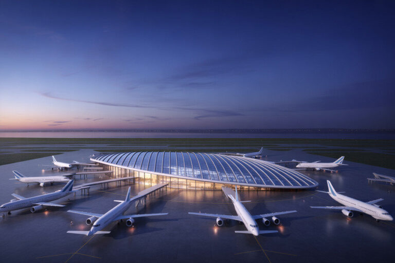 Futuristic glass-roofed airport terminal surrounded by parked airplanes at dusk