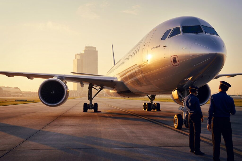 Commercial jet on taxiway at sunset, two crew members in blue uniforms near the nose gear.