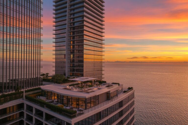 Sunset over a high-rise waterfront building with a glass facade and a rooftop terrace with seating and greenery.