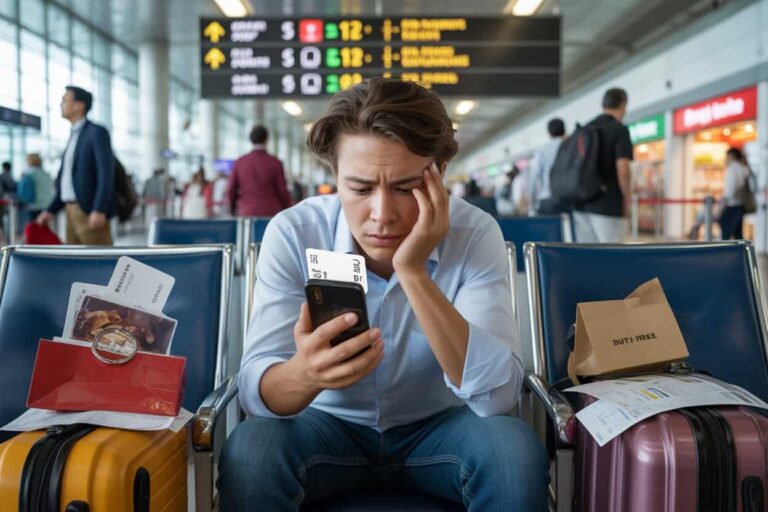 Man seated in an airport terminal, looking at his phone with boarding passes in hand, with luggage and a shopping bag beside him and a flight info board overhead.