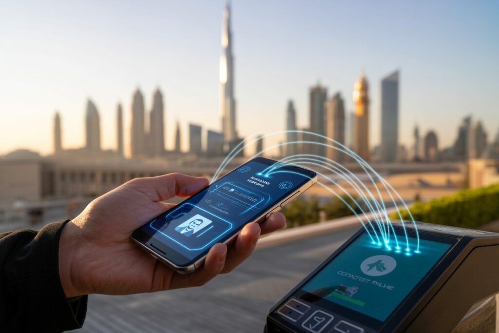 Person holding a smartphone near a blue-lit contactless reader, with a city skyline in the background.