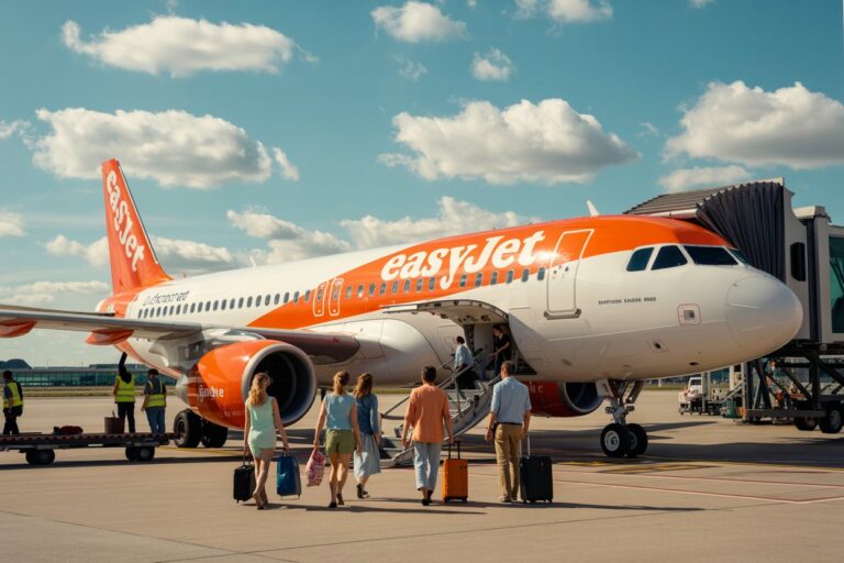 Group of passengers with rolling suitcases walking toward an orange-and-white easyJet aircraft at the gate on a sunny day.