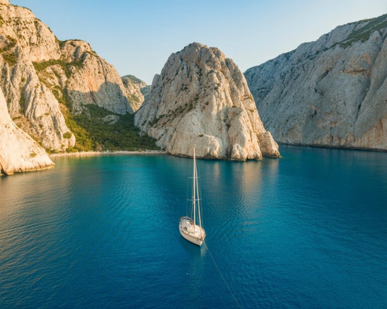 Sailboat moored in a calm, deep blue inlet surrounded by tall rocky cliffs and green vegetation on the left flank. Note: This alt text describes the scene's context and key elements without overloading details.