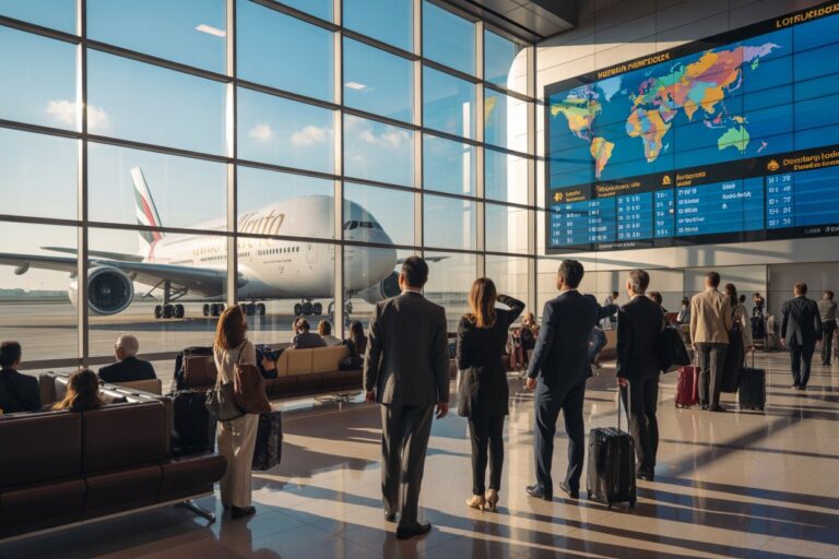 Passengers with luggage stand and sit in a modern airport terminal, watching a large airplane parked outside the glass wall as a world map and flight info screen glow above them in the gate area.