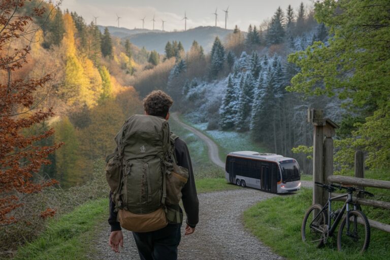 Hiker with large backpack on a gravel path toward a white bus in a forested valley with autumn trees on the hillsides.