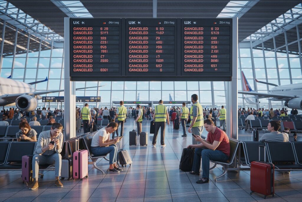 Busy airport terminal with oversized departure boards showing multiple 'CANCELED' flights; travelers sit with suitcases and use phones, waiting for updates.