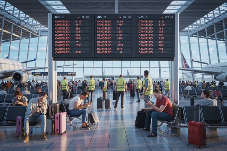 Busy airport terminal with oversized departure boards showing multiple 'CANCELED' flights; travelers sit with suitcases and use phones, waiting for updates.