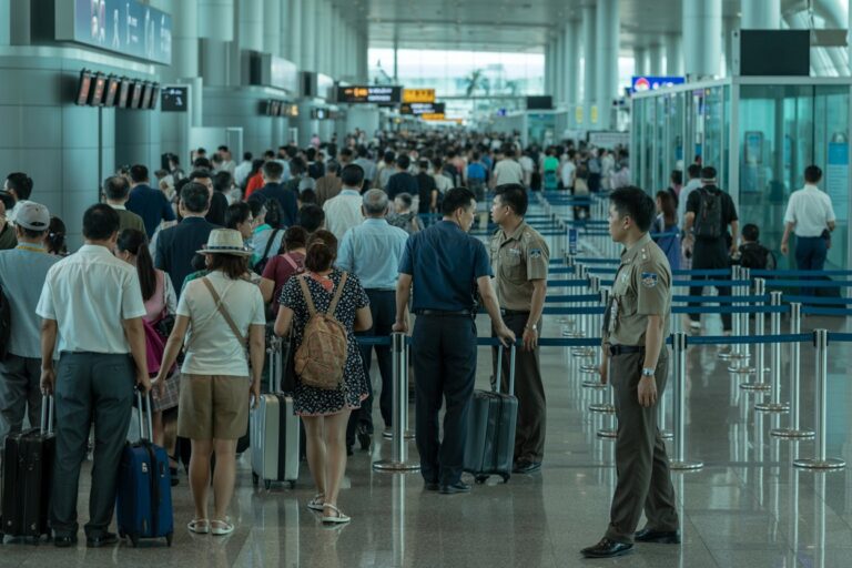 Crowded airport terminal with travelers queuing behind blue stanchions; two uniformed officers stand with luggage.