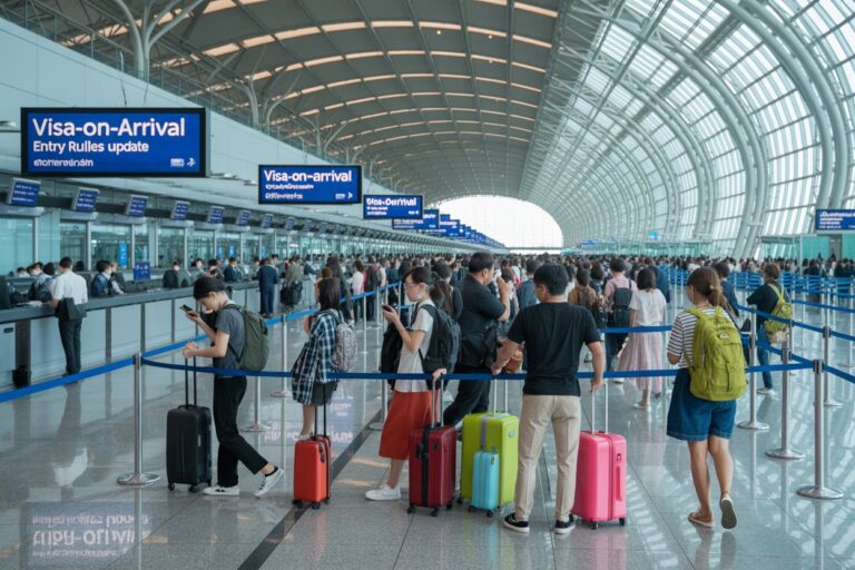 Crowd of travelers with rolling suitcases lined up at passport desks under blue 'Visa-on-Arrival' signs in a modern airport. 2. Busy airport check-in area with passengers queuing behind blue ropes and signboards announcing visa-on-arrival. 3. Long queue of travelers at immigration counters inside a glass-ceiling airport terminal. 4. Travelers waiting with colorful suitcases at a visa-on-arrival counter in a large, bright airport hall. 5. Passengers at a busy international airport, several with backpacks and wheeled luggage, near visa-on-arrival screens.