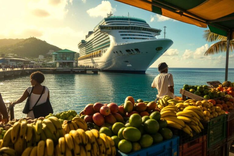 Cruise ship docked at a tropical port with a fruit market in the foreground