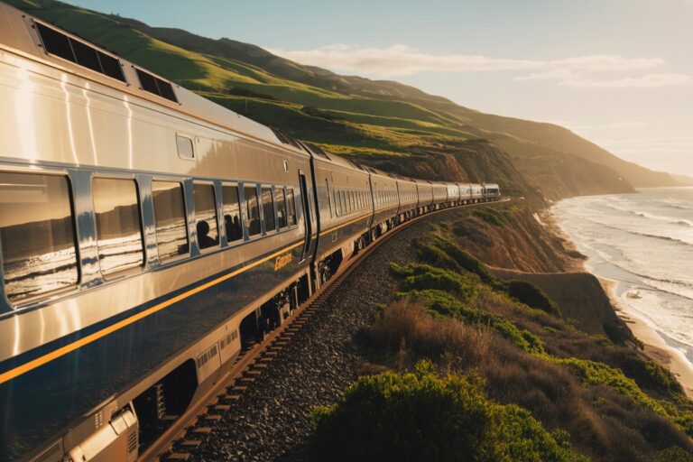 Silver passenger train winds along a coastal cliff, reflecting sunlight with green hills and the ocean to the right under a clear sky.
