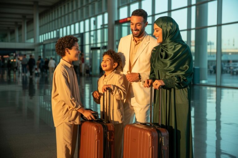 A family of four at an airport with rolling suitcases, smiling and chatting together at the terminal.