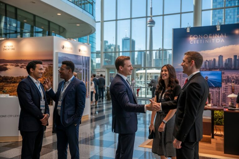 Two businessmen shake hands in a bright conference atrium, with attendees chatting beside exhibition booths and city skyline in the background.