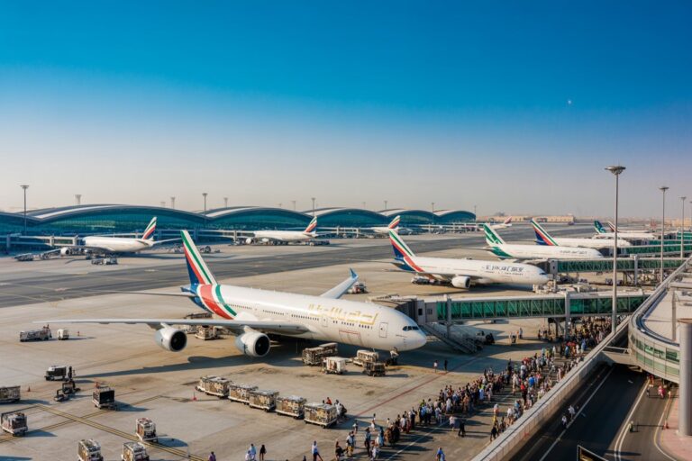 Several Emirates airplanes parked at gates at a busy airport terminal, with jet bridges and passengers nearby.
